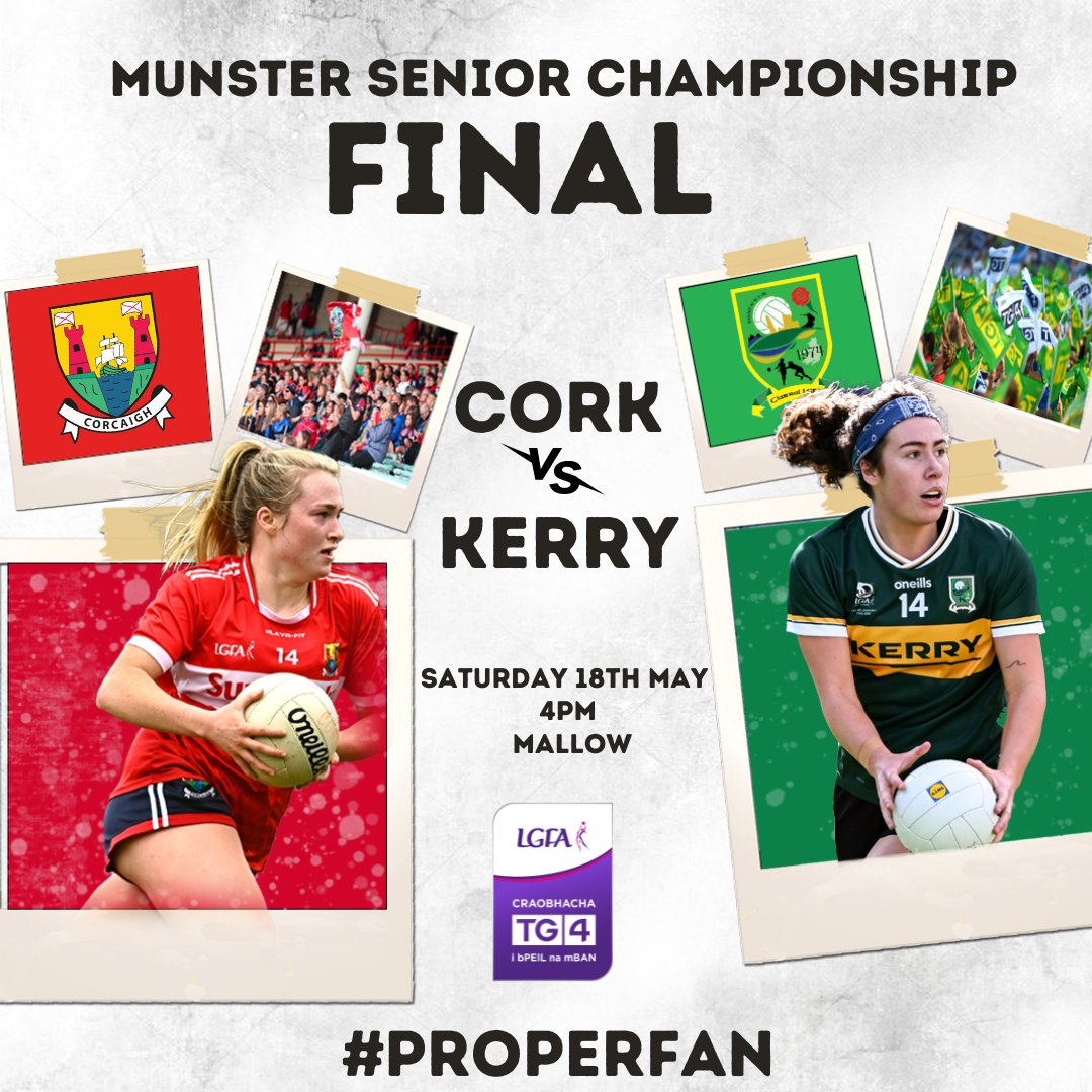Coming 🔜 @TG4TV @MunsterLGFA Senior Championship Final 🏆 🔴⚪️ @CorkLGFA v @kerryladiesfoot 🟢🟡 Saturday May 18 - Mallow, 4pm - Live on @SportTG4 YouTube Tickets🎫➡️ universe.com/users/munster-… #ProperFan