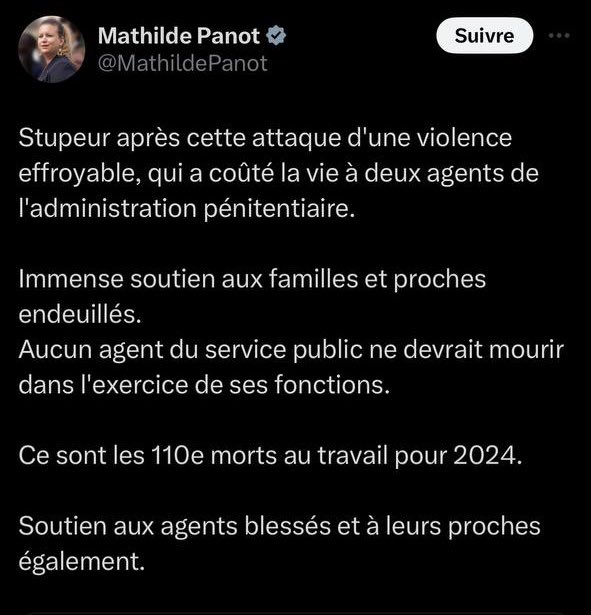 « Ce sont les 110e morts au travail pour 2024 » estime dans un premier temps @MathildePanot suite à la tuerie d’#Incarville avant de modifier son tweet.