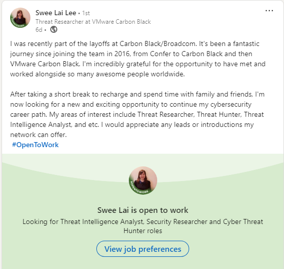 Swee Lai Lee is an extremely talented threat researcher and malware analyst from my team. Laid off after 8 years as part of the Carbon Black acquisition into Broadcom Based in Malaysia, spoke at RSA, analysis writeups, large-scale malware tests against vendor products Hire her!