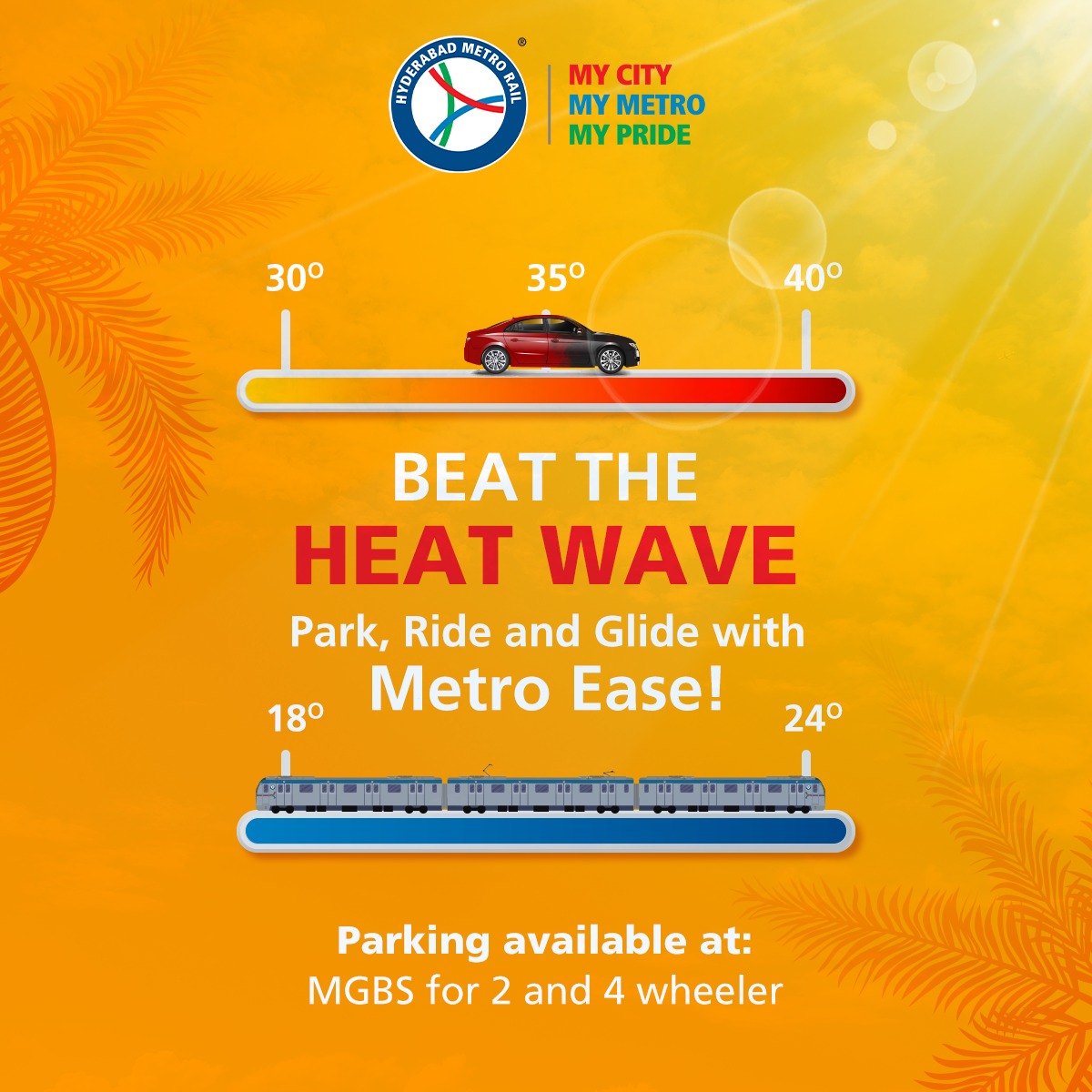 Stay cool this summer! Park your wheels at MGBS and breeze through the city with Metro Ease. Beat the heat hassle-free!
#landtmetro #mycitymymetromypride #metroride #HyderabadMetro #MetroRail #metrostation #publictransport #BeatTheHeatTakeTheMetro