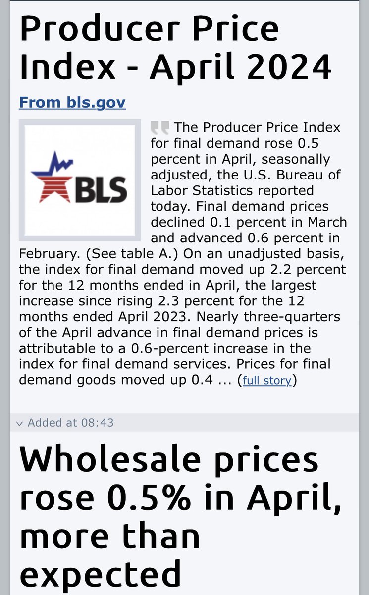 🚨 أفاد مكتب إحصاءات العمل الأمريكي اليوم أن مؤشر أسعار المنتجين للطلب النهائي ارتفع بنسبة 0.5 بالمئة في أبريل، معدلا موسميا. وانخفضت أسعار الطلب النهائي بنسبة 0.1 في المائة في مارس.