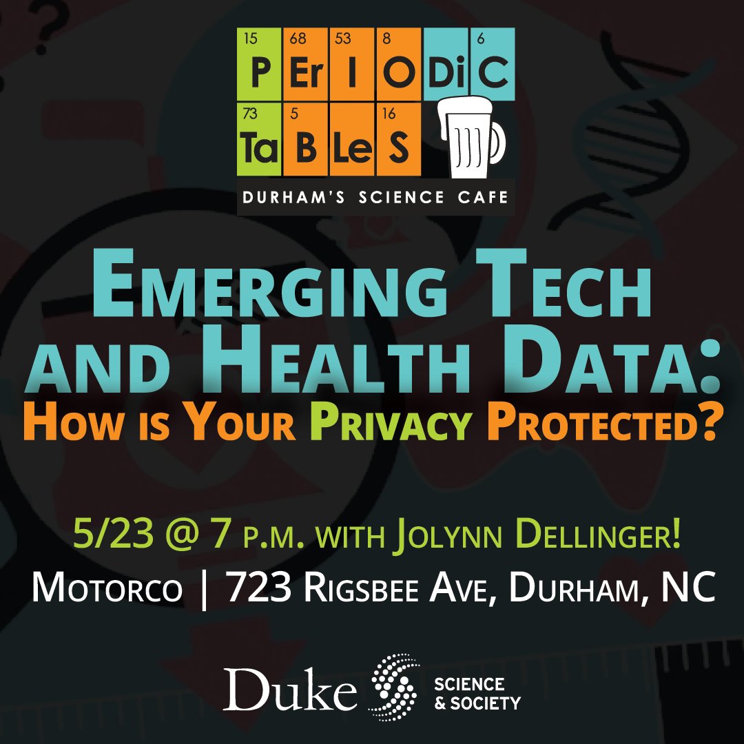 Duke Science&Society (@dukesci_soc) on Twitter photo Join us on May 23, 7-8 p.m. at <a href="/motorcomh/">Motorco Music Hall</a> to discuss health privacy in the digital age with Joylnn Dellinger (<a href="/MindingPrivacy/">Jolynn Dellinger</a>) Don't miss out, sign up here!
duke.is/y/d3x4
#durhamevents #motorco #durham #bullcity #privacy #sciencecommunication #duke24 #duke23 #duke25 Join us on May 23, 7-8 p.m. at <a href="/motorcomh/">Motorco Music Hall</a> to discuss health privacy in the digital age with Joylnn Dellinger (<a href="/MindingPrivacy/">Jolynn Dellinger</a>) Don't miss out, sign up here!
duke.is/y/d3x4
#durhamevents #motorco #durham #bullcity #privacy #sciencecommunication #duke24 #duke23 #duke25