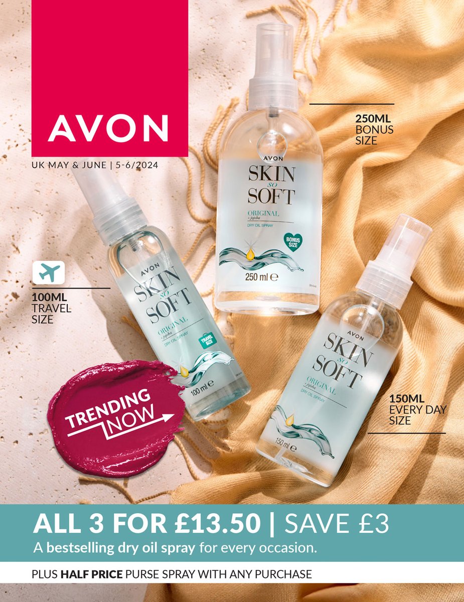 TRENDING NOW!!!
Unmissable Summer Savings!
Get your hands on all 3 sizes of Avon's Bestselling Skin So Soft for just £13.50. Travel ☑️ Bonus Every Day ☑️ Silky soft skin in seconds 🙂

#Trending #TrendingNow #TrendingTuesday #SkinSoSoft

shopwithmyrep.co.uk/product/22973?…