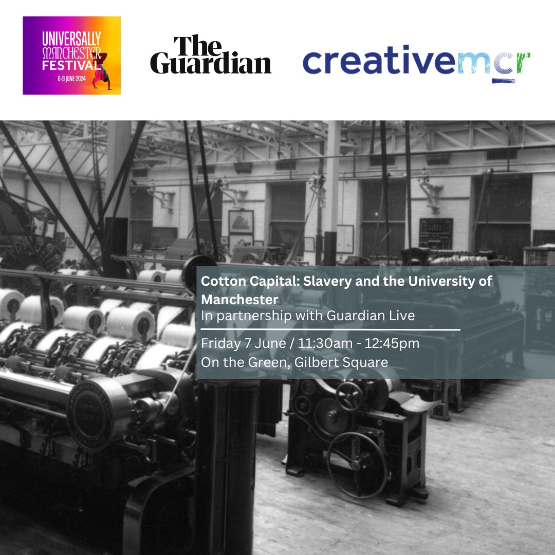 IN 1 MONTH, “Cotton Capital” is an exploration into how the slave trade shaped @officialuom history. Partnered with @guardian Live & panel led by Prof David Olusoga, examine histories of cultural & educational development, & the future paths 🎟 Free 🗓7 June ⏰11:30am – 12:45pm