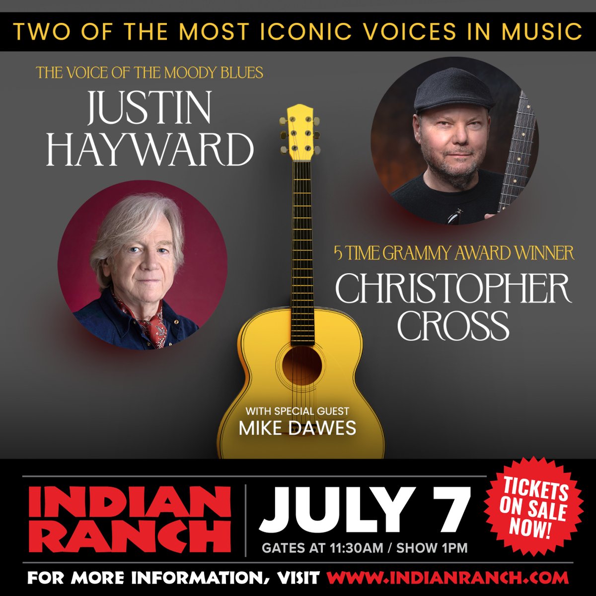 2024 Concert Week Deal🎉

Get your GA tickets to Justin Hayward and Christopher Cross for JUST $25 through tonight at 11:59 PM, while supplies last! Buy now at indianranch.com🎟️
·
·
#justinhayward #christophercross #tickets #music #livemusic #concert #show #entertainment