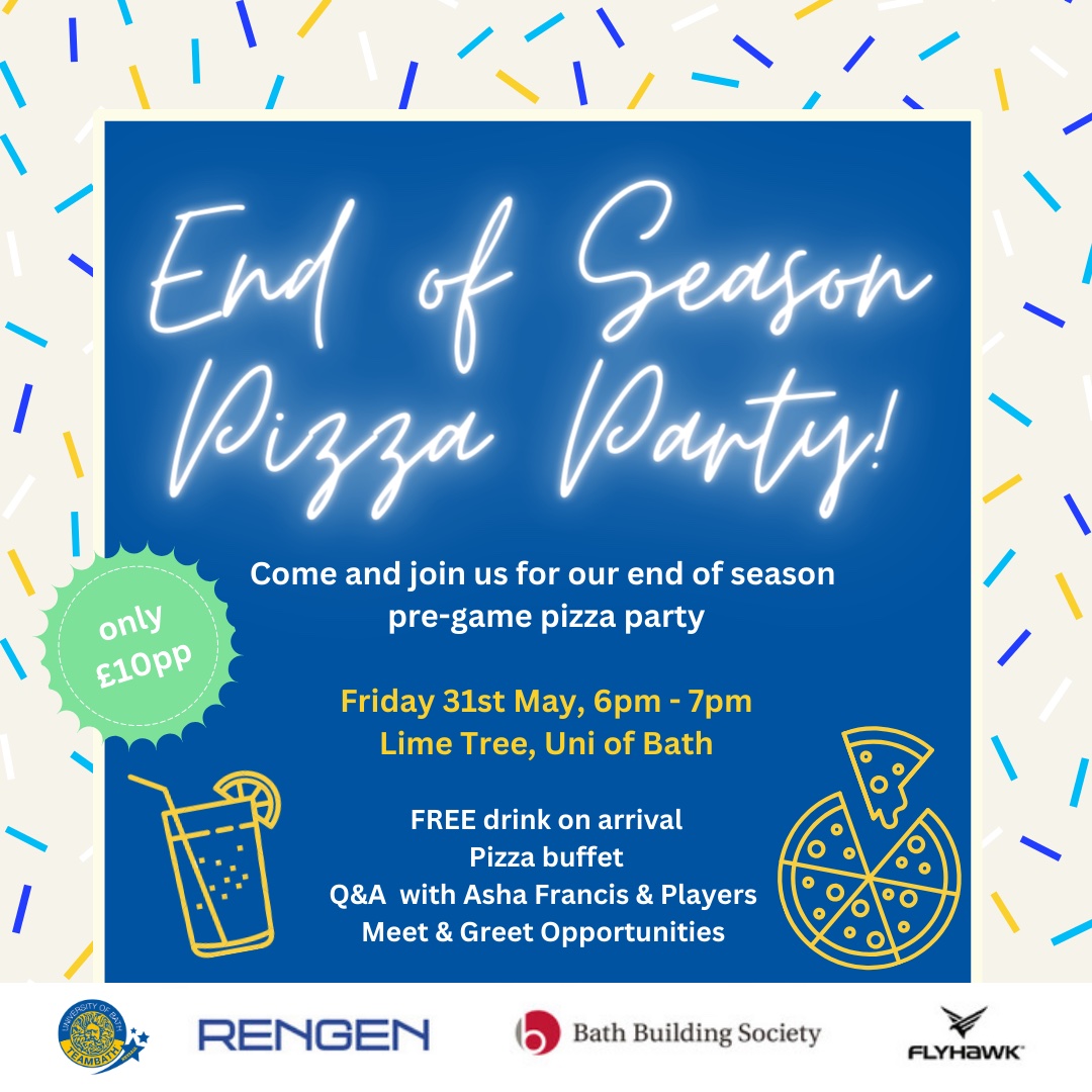 Join our end of season Netball Pizza Party for just £10 pp! Includes FREE face painting Friday 31st May, 6pm-7pm, Lime Tree, Uni of Bath🍕 Purchase with Sirens ticket: ow.ly/NYZ250RFrNk #Netball #NSL2024 #BlueAndGold #FearlessFridays