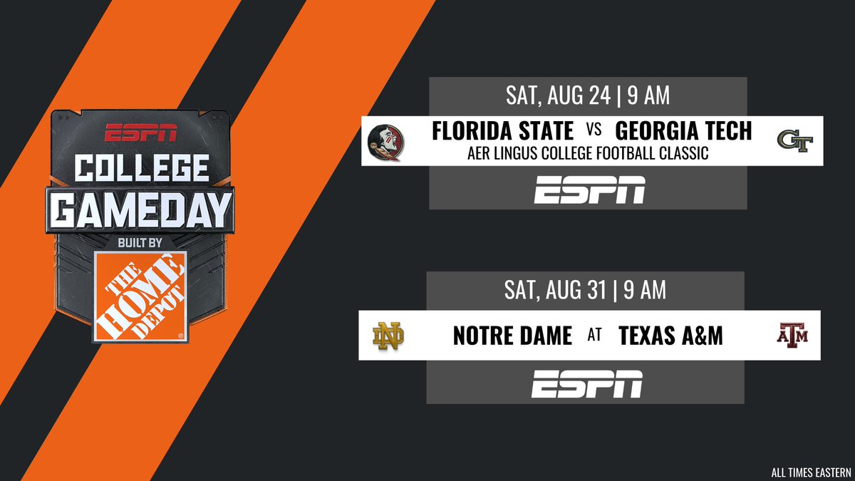 In just over 100 days, @CollegeGameDay is BACK Week 0 | @FSUFootball 🆚 @GeorgiaTechFB in Dublin 🇮🇪 CGD's 1st international stop to kick off show's 38th season Week 1 | @NDFootball 🆚 @AggieFootball in College Station Details: bit.ly/3UYkRq2 | #DisneyUpfront