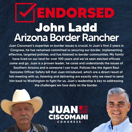 Honored to have the support of my friend & rancher, John Ladd!

John is on the frontlines of the border crisis. I appreciate his trust in me to ensure we secure our southern border and advocate for policies that keep our communities safe. #AZ06
