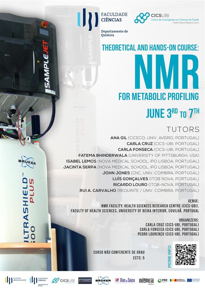 Theoretical and Hands-on Course: NMR for metabolic profiling, June 3-7, hybrid, online theoretical lectures (25€), on-site hands-on sessions (120€ 12 participants) at CICS Universidade da Beira Interior @UBI_pt register by May 20 ubi.pt/Sites/fcsaude/… #NMRchat #NMR 🧲