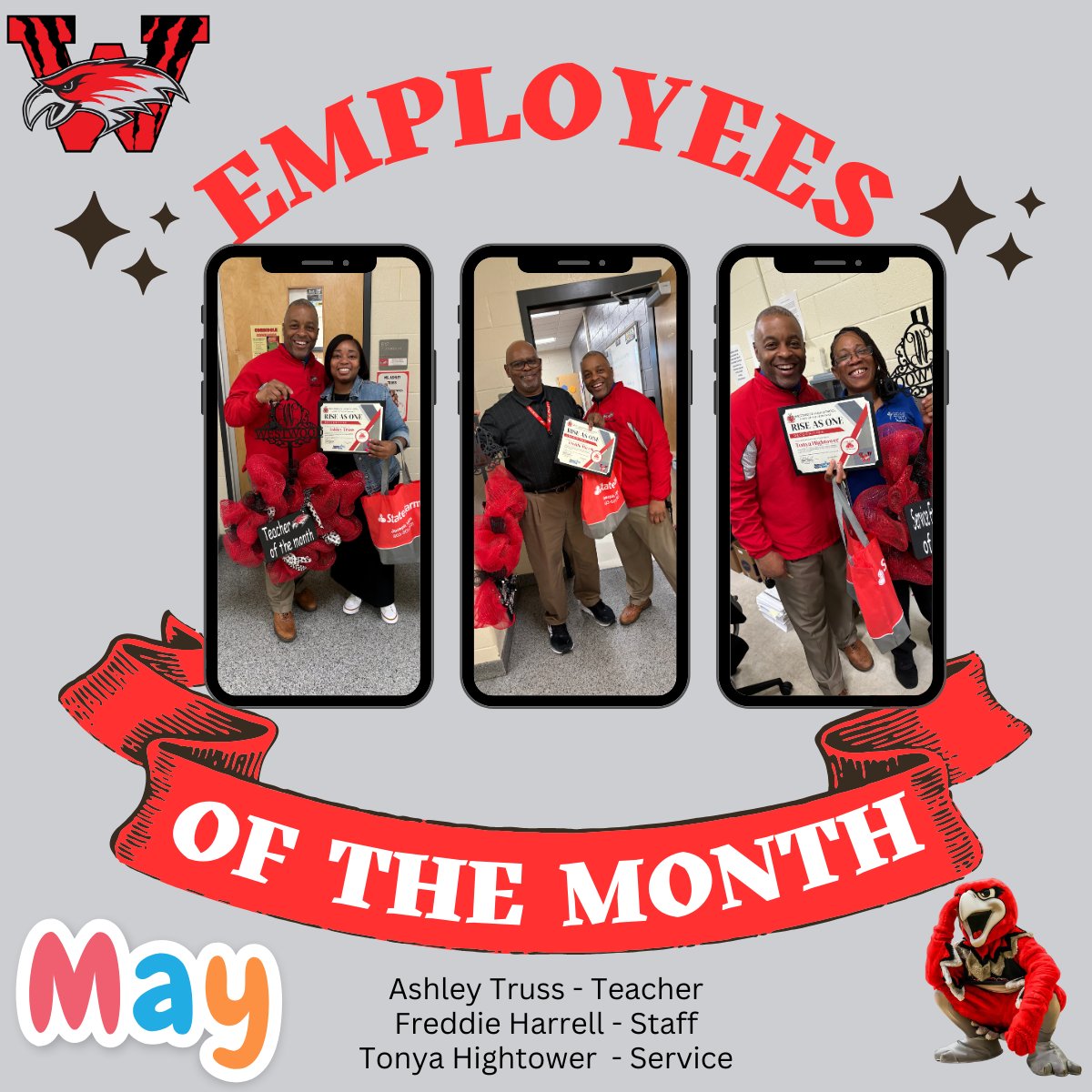 🌟👏 Shoutout to Ms. Truss, Mr. Harrell, and Ms. Hightower, our May 2024 Employees of the Month at @WHS_Redhawks! Your dedication and hard work shine through! Keep up the fantastic work! 💪😊 #LockedIN #PurposeDriven #FutureReady @RichlandTwo 🎉🎈