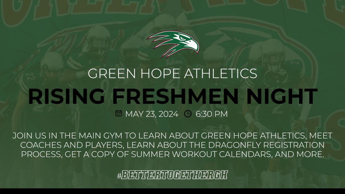 We can't wait to meet the new incoming students and families at our Rising Freshmen Night at Green Hope on May 23 at 6:30! Come out to GHHS and learn more about what Falcon Athletics has to offer!