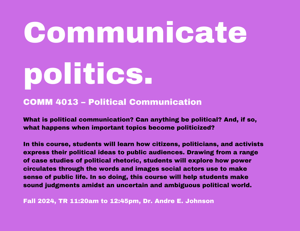 aejohnsonphd's tweet photo. This should be a fun course with special attention to the 2024 presidential campaign.
#COMMstudyWithUs https://t.co/VhOizGWhNx