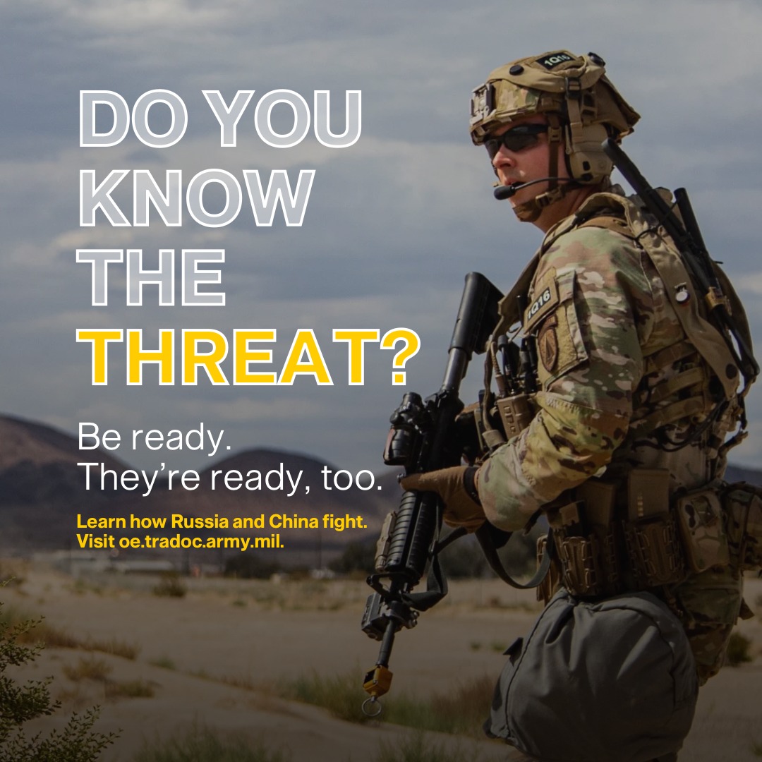From articles, to videos, to interactive games, TRADOC has your threat training covered. Our open-source, phone accessible resources make sure Soldiers #KnowTheThreat. 

Learn more: oe.tradoc.army.mil

#VictoryStartsHere