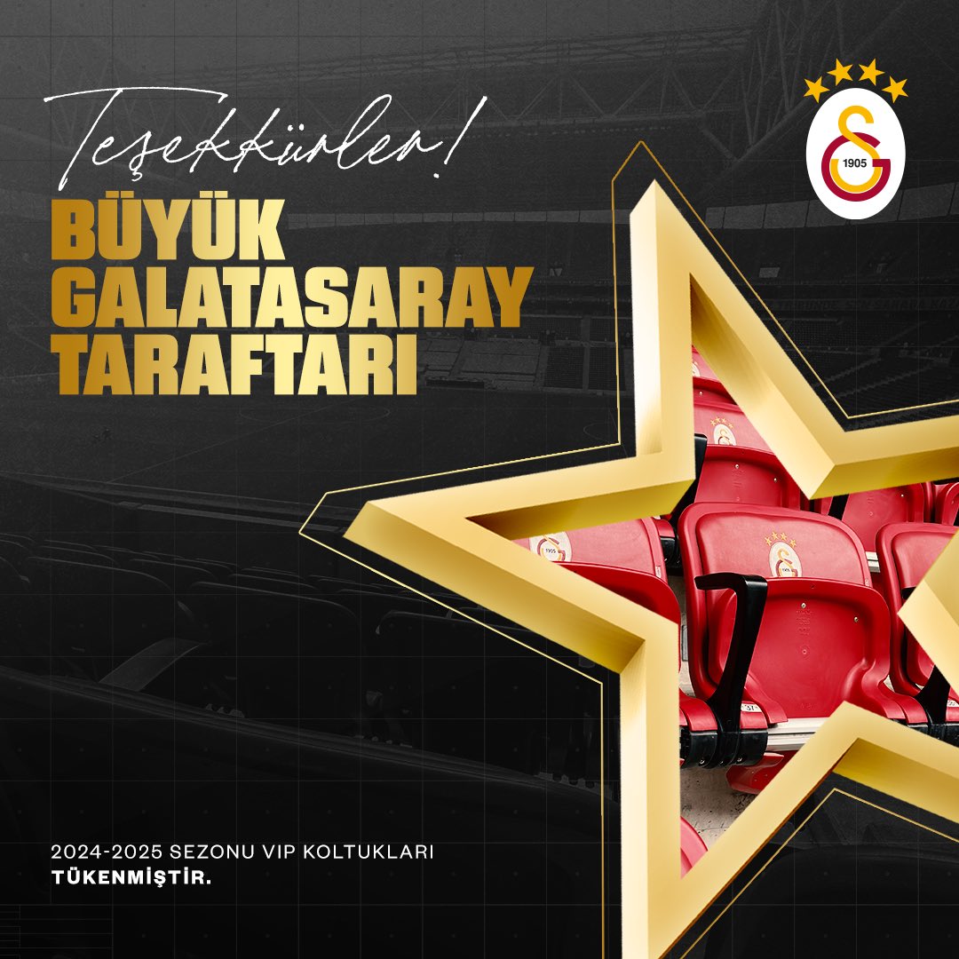 🏟️ 2024-2025 sezonu için genel satışa çıkan VIP koltukları tükenmiştir. ✅

Yoğun ilginiz için teşekkürler Büyük Galatasaray Taraftarı! 💛❤️