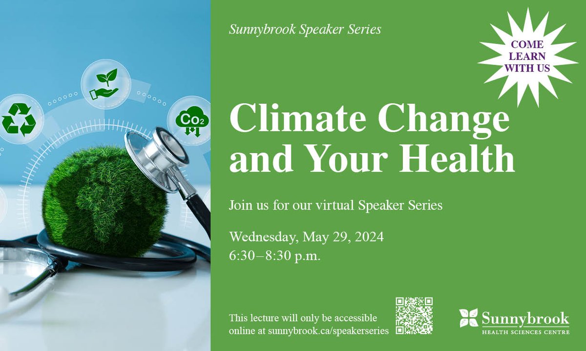 Climate change is impacting people’s physical and mental health. Join us for our next virtual Speaker Series on May 29 from 6:30 – 8:30 p.m. to hear Sunnybrook experts discuss how climate change impacts health and tips on how to manage. 🔗 bit.ly/44Ej2BR