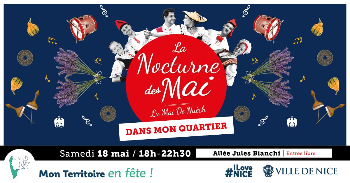 🌛Vivez la magie de la tradition Niçoise avec la 'Nocturne des Mai' à #Nice06 Ouest le 18/05 ! 🤤Groupes folkloriques, Balèti, régals de l'estomac, tous les ingrédients seront au rendez-vous de lu mai de nuèch ! 👉fetedesmai.nice.fr/programme-2024…