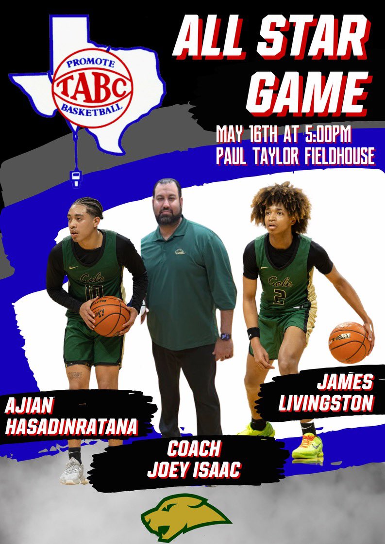 🚨 Reminder James and Ajian will be playing in the TABC ALL STAR game Thursday 5pm at Paul Taylor. Come out and support these young men in their final high school game! @CoachNorman1 @DrJCerna @DrGbates @AlamoCityHoops1 @SSports_Media @hoopinsider @JavelinaNation @ChrisDial79