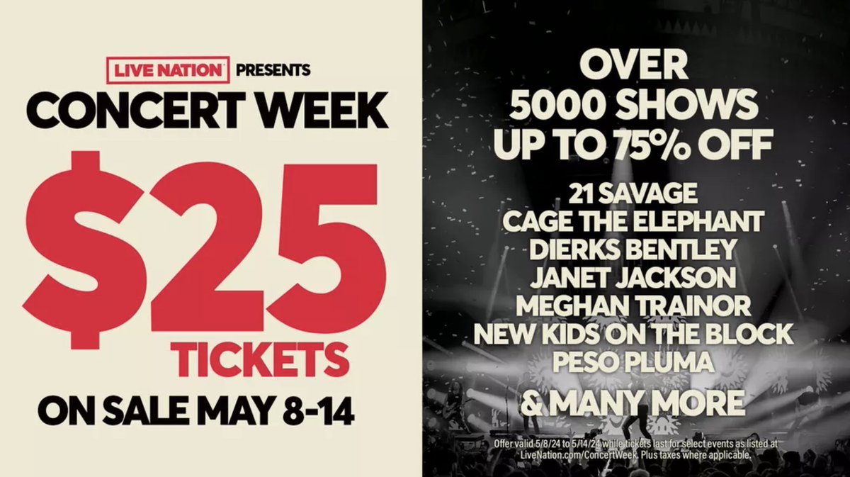 Live Nation has announced the return of Concert Week, now in its 10th year, offering fans access to $25 tickets to more than 5,000 shows across North America and Canada. Get Tix Here ➡️ ihe.art/2yrIEQT