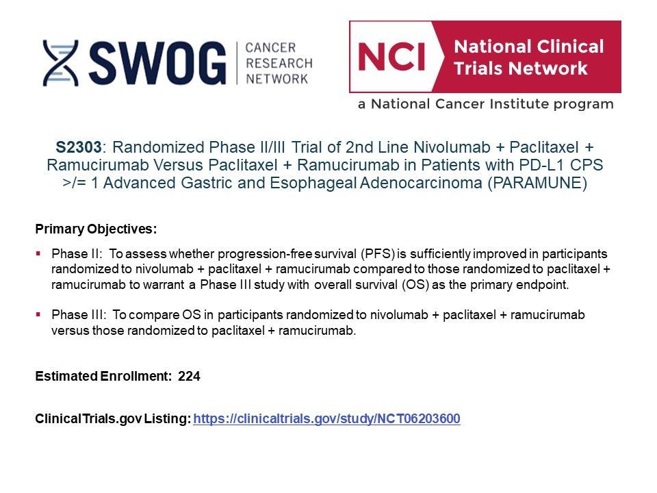 Newly Activated #NCTN #EsophagealCancer #GastroesophagealCancer Trial: (S2303) Adding Nivolumab to Usual Treatment for People With Advanced Stomach or Esophageal Cancer, The PARAMMUNE Trial, led by Dr. Saeed @AnwaarSaeed3 @UPMCHillmanCC @SWOG Learn more: buff.ly/3UQl6U4