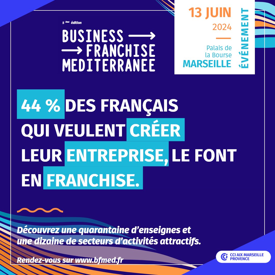 44% des français qui veulent créer leur #entreprise, le font en franchise💡 Devenez entrepreneur.e plus facilement grâce à la #franchise 🚀 Participez à Business Franchise Méditerranée, le salon de la franchise #CCIAMP, le 13 juin au Palais de la Bourse : bfmed.fr