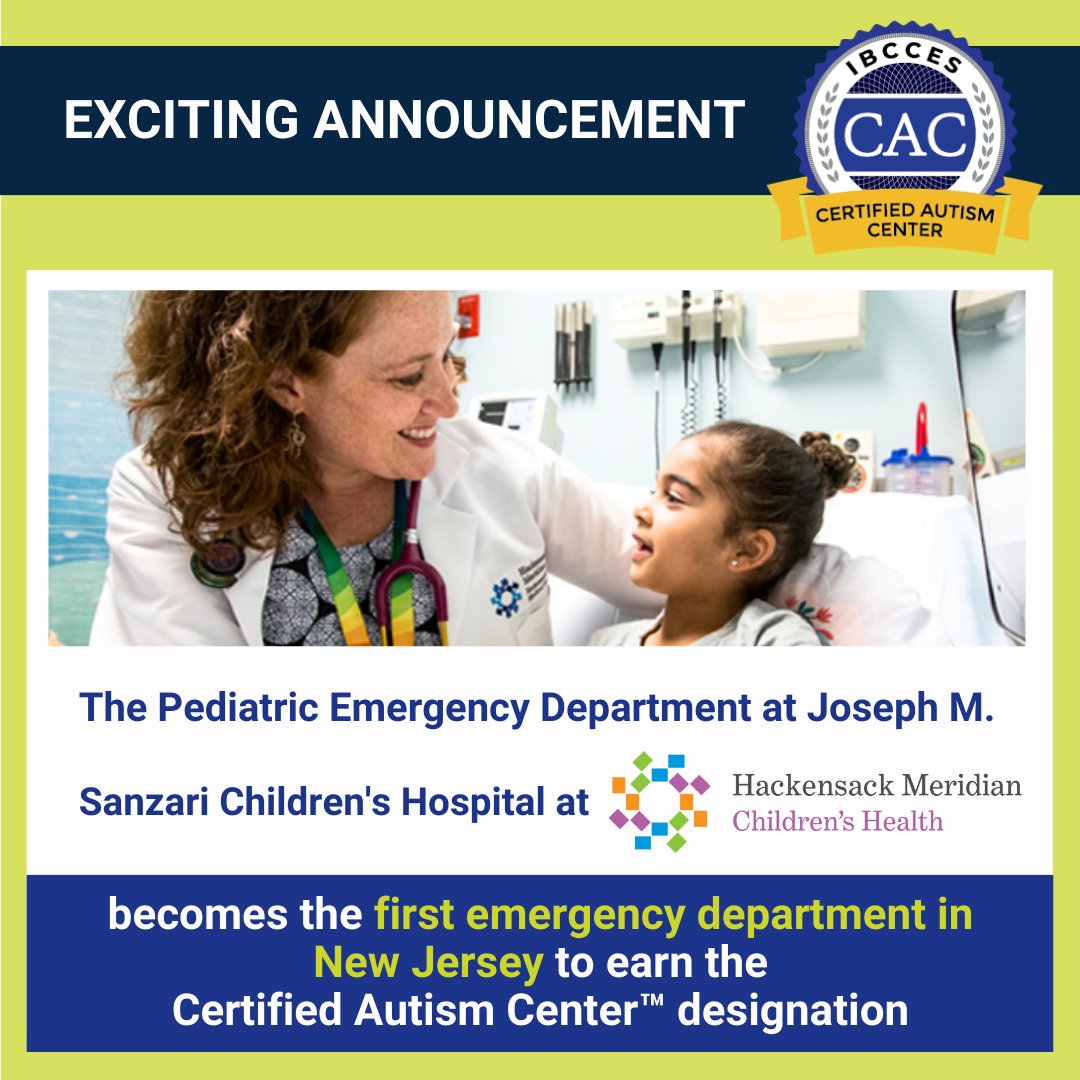 The Pediatric Emergency Department at Joseph M. Sanzari Children's Hospital at @HMHNewJersey becomes the first emergency department in New Jersey to earn the Certified Autism Center™ (CAC) designation through IBCCES! Learn more at bit.ly/4bg09Ia.