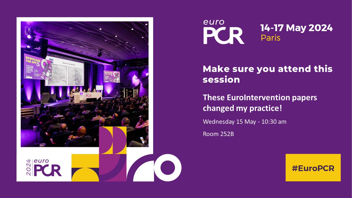 Join us in room 252B on Wednesday 15 May for a tutorial on the editorial process, acceptance criteria, and practical insights from @EuroInterventio's papers and find out how these EIJ papers can change our practice! #EuroPCR
