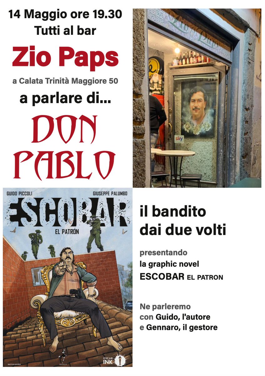 Oggi ci vediamo qui, vicino Piazza del Gesù, a #Napoli, con #GuidoPiccoli a parlare di #Escobar in un bar di Escobar... il #fumetto fatto da Guido con #GiuseppePalumbo #Colombia