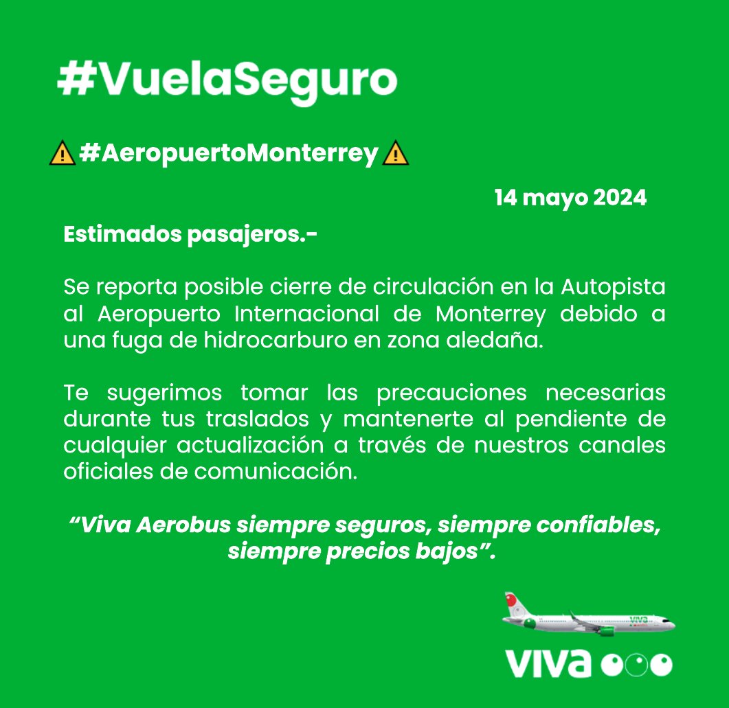 #VivaInforma #AvisoImportante ⚠️🚧 #AeropuertoMonterrey Entérate en tiempo real del estatus de tu vuelo dando clic aquí 👉🏽 bit.ly/viva-estatus Consulta información adicional relacionada con esta afectación desde el siguiente enlace 👉🏽bit.ly/VivaAvisos