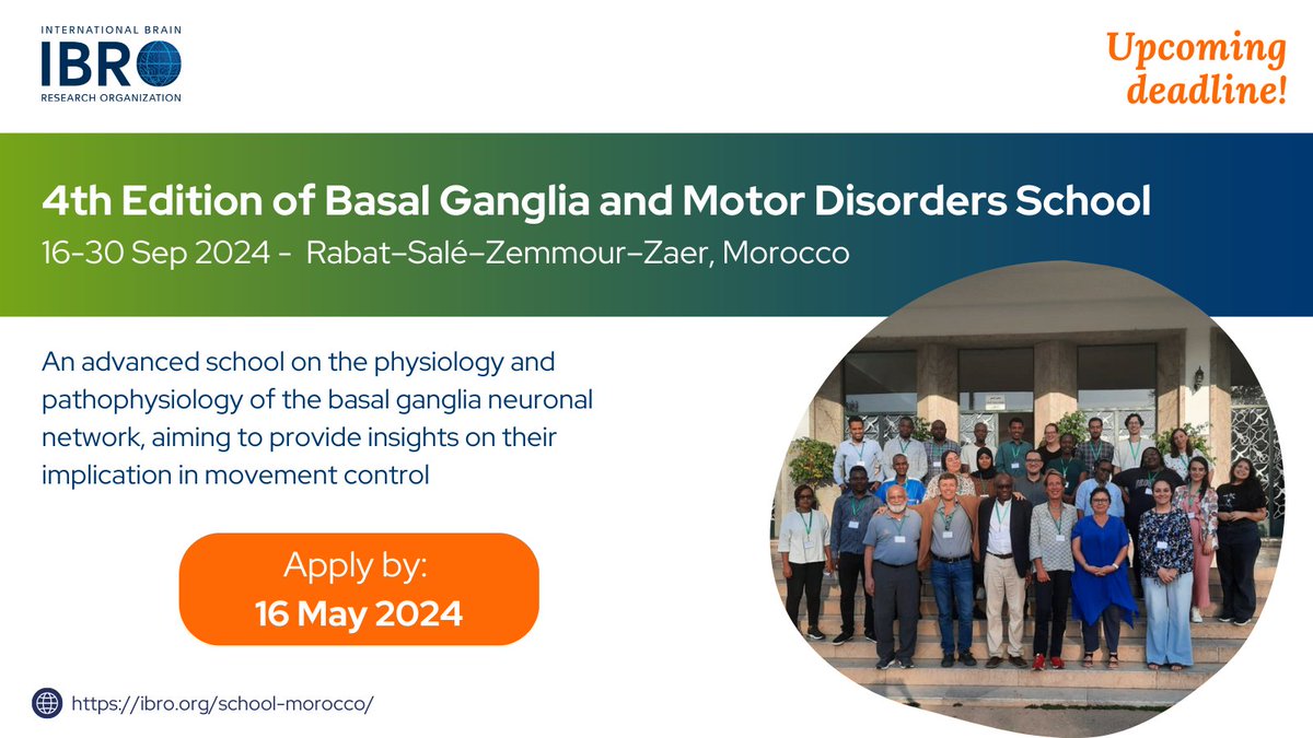 UPCOMING DEADLINE to apply for this school on basal ganglia & motor disorders in Morocco! 👉 Apply by 16 May: ow.ly/NqCQ50RBfEb @ElfarrashSara @ElKadmiri5 @TemkouGwladys @Olamzz1 @rachaeldangare1 @Tom_DAT @Deleyele @desiretshala @SONAorg