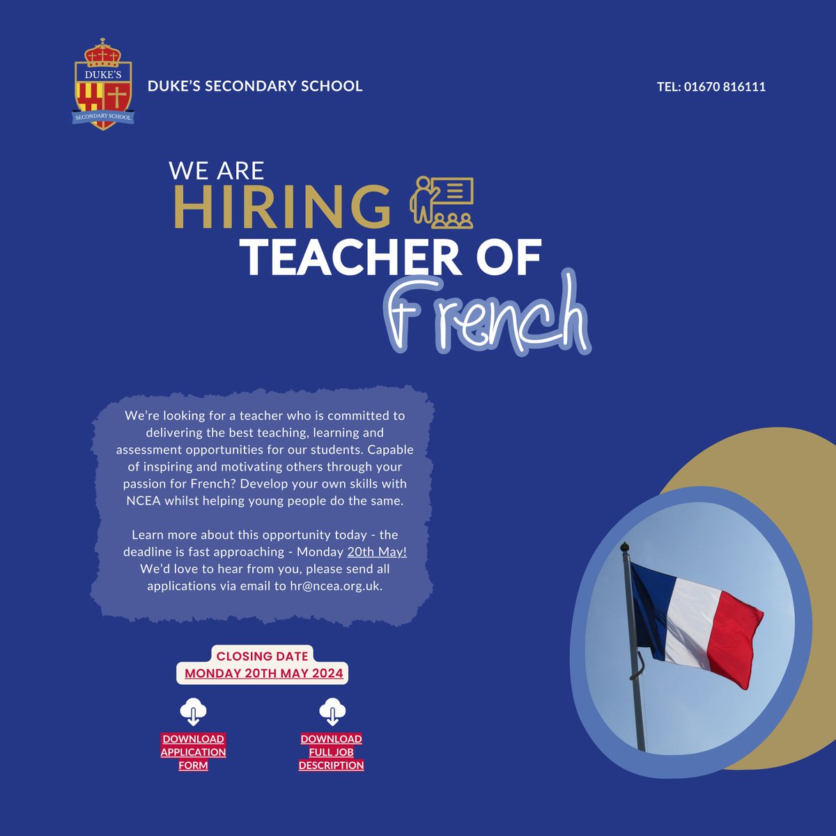 🚨 Closing Soon 🚨

🇫🇷 Teacher of French at @NCEADukes 

Apply now👉 ncea.org.uk/teacher-of-fre…

#NorthEastJobs #Teaching #French #FrenchTeacher #Hiring #SecondarySchool #KS4