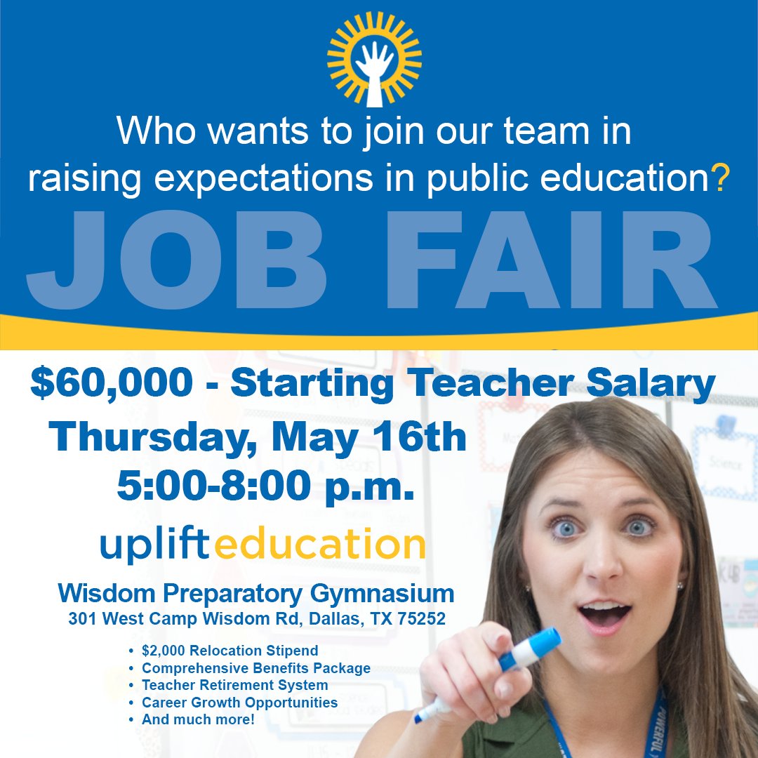 🍎 Calling all educators! Discover the power of teaching with Uplift Education. Competitive salaries, a supportive environment, & endless opportunities for growth await you. Save the date! Register & learn more about teaching with Uplift at uplifteducation.org/teachers #JobFair