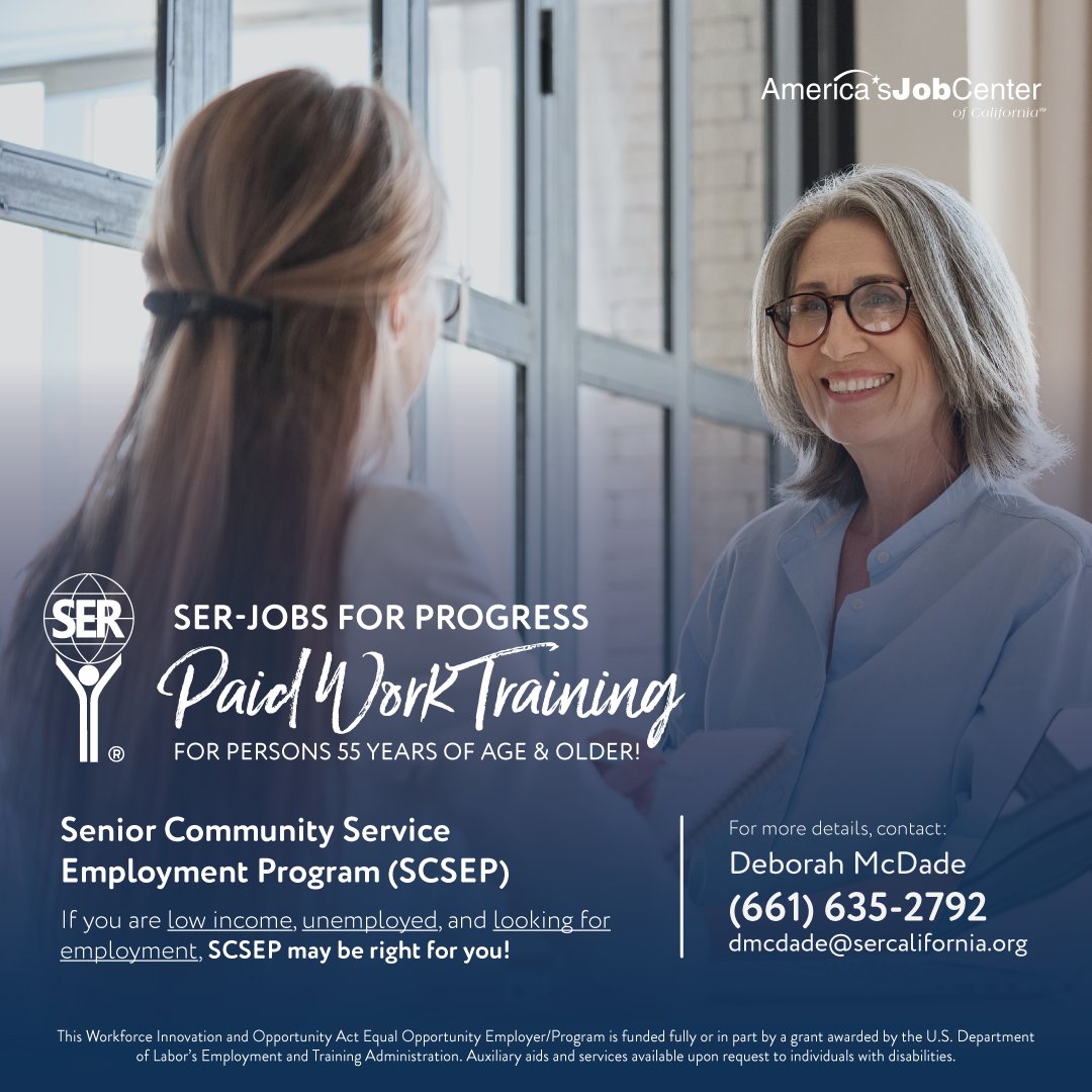 SER-Jobs for Progress offers the Senior Community Service Employment Program (SCSEP) for persons 55 years of age & older! 🤝🏼

Contact Deborah McDade at (661) 635-2792 today to learn more!
#AJCCKern #SERJobs #SCSEP #SeniorEmployment #TrainingProgram