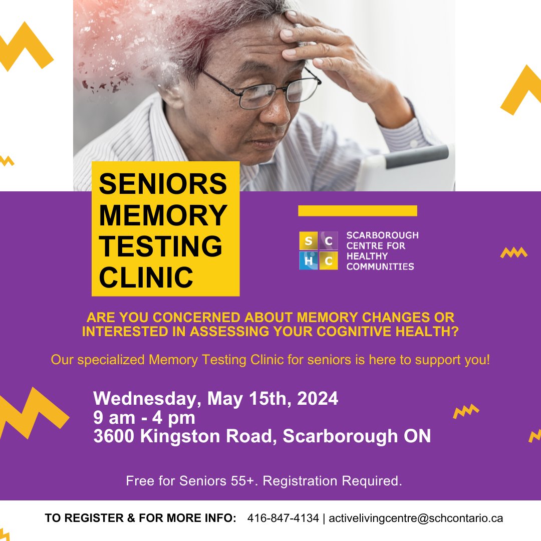 🛎️Tomorrow!💡Discover cognitive wellness at our specialized memory testing clinic for seniors. Free for seniors 55+. Registration required. Contact 416-847-4234 for more information!

#memorytesting #seniorsevent
