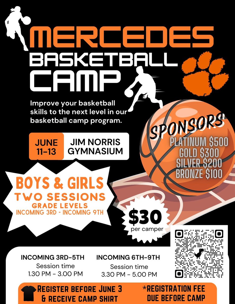 🚨Join us for our Annual Summer Basketball Camp starting June 11-13! Register your camper before June 3rd to receive a camp t-shirt! Come and have some fun while learning the fundamentals of basketball🏀