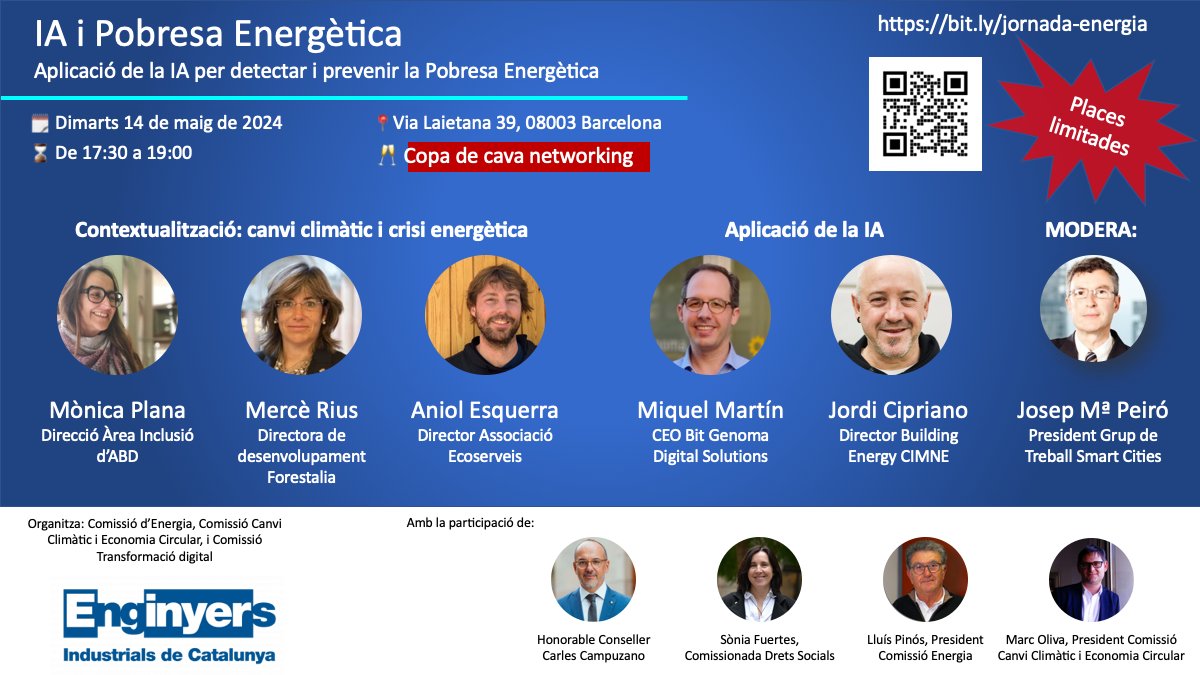 📌Aviat, comença la jornada sobre l'aplicació de la #IA per detectar i prevenir la #PobresaEnergètica.

Amb @Soniafor @carlescampuzano @FORESTALIA2 @Ecoserveis @abd_ong  @cimne 

Connecta't en el nostre canal de YouTube 🔛
#JornadesEIC