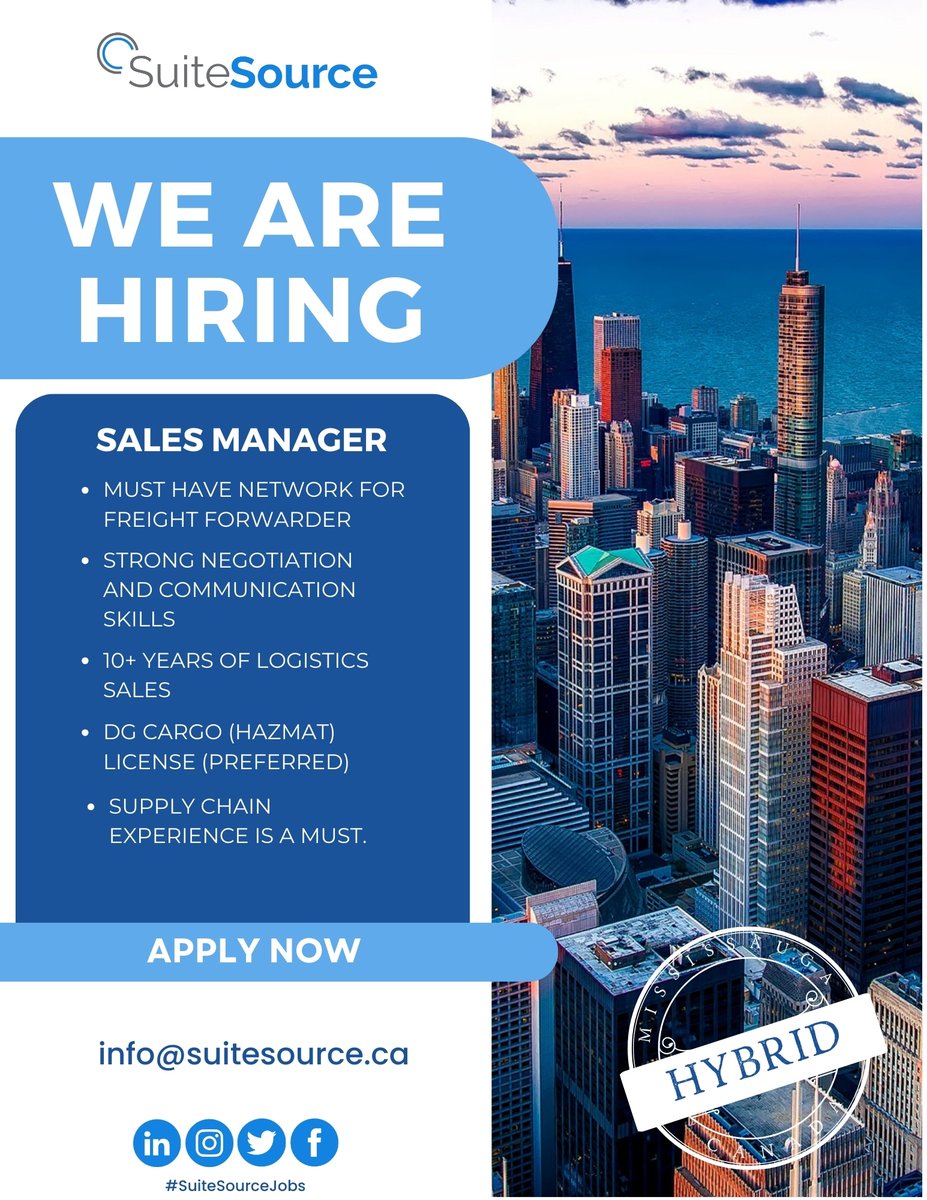 Our client is looking for a #Sales Manager to join their team. This is a #Hybrid Opportunity in #Mississauga. Apply by email or visiting our career portal: ow.ly/ZN7p50RxwaX #SuiteSourceJobs #Hiring #Apply #Applynow #Opportunity