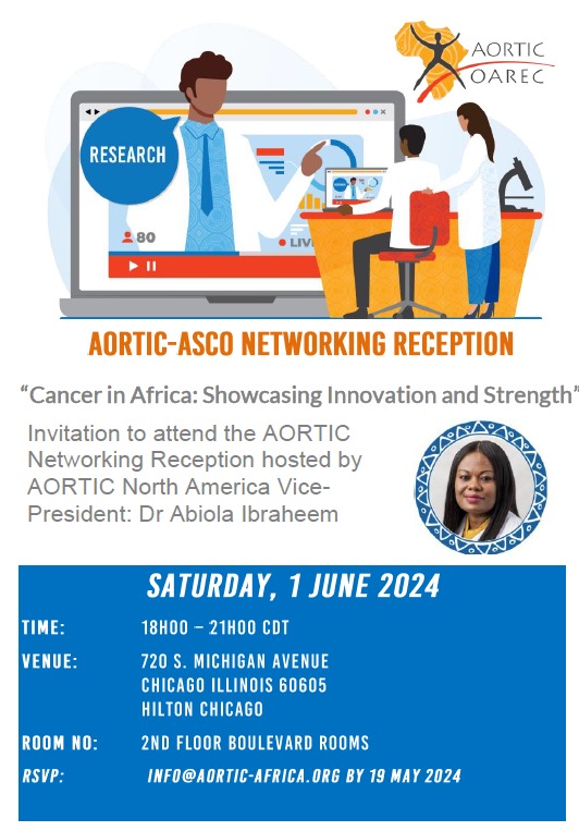 Are you attending #ASCO2024? Do you have an interest in cancer research in Africa? Be sure to attend the AORTIC-ASCO Networking Reception! #cancerinafrica #cancerresearch More information 👇 RSVP: info@aortic-africa.org