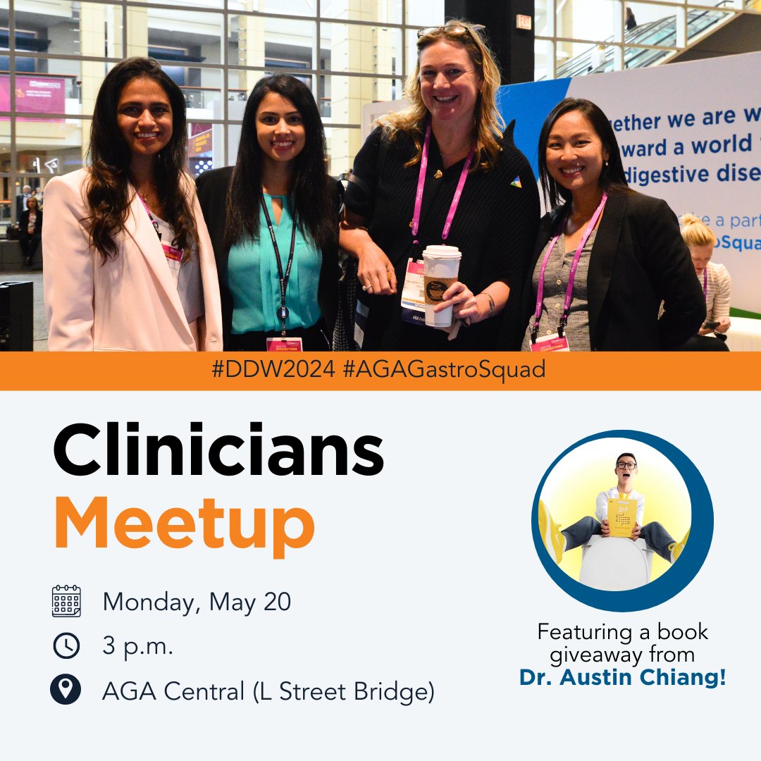 Maximize your time away from the clinic while you’re at #DDW2024 – join fellow clinicians for a meetup. Come for informal networking and stay to win a copy of @AustinChiangMD’s book! 🤩 📅 May 20, 3 p.m. 📍 AGA Central (L Street Bridge) Sign up: ow.ly/O81O50RF17C