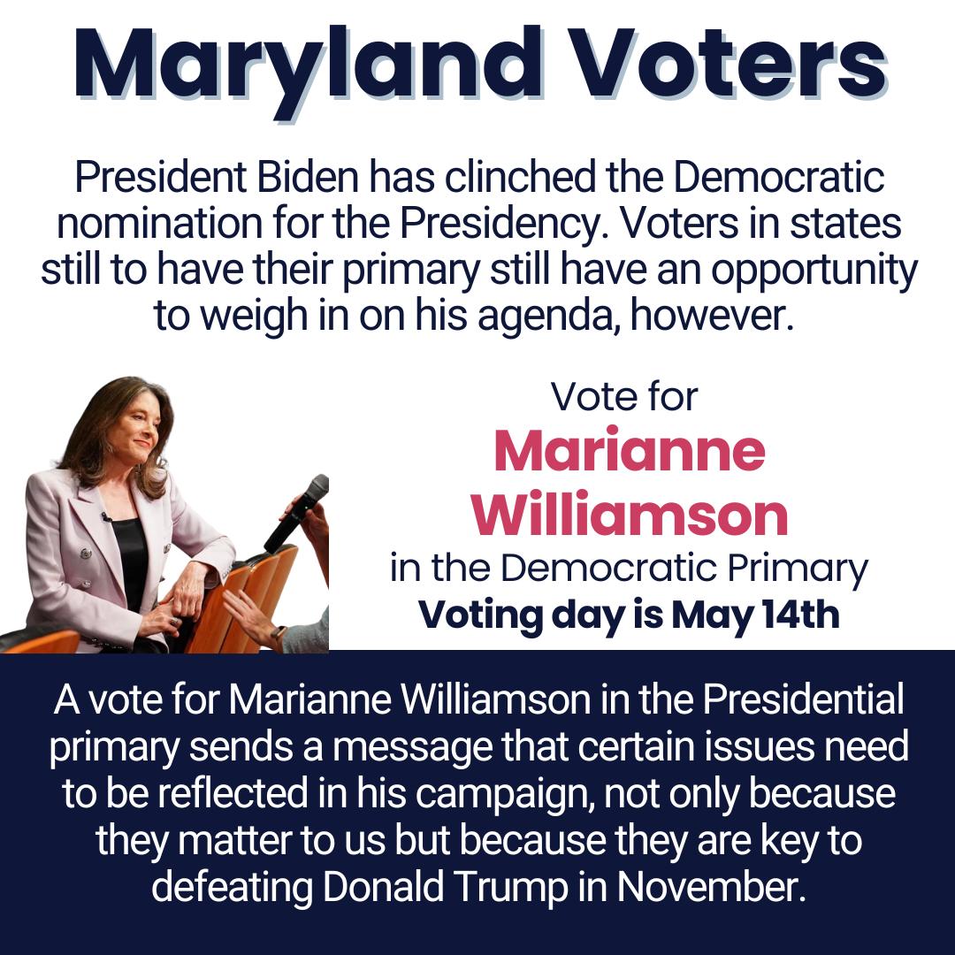 CindyNye1's tweet image. Let's do this Maryland! 
A vote for @marwilliamson is a vote for people, the planet, and peace!
#MDPrimary