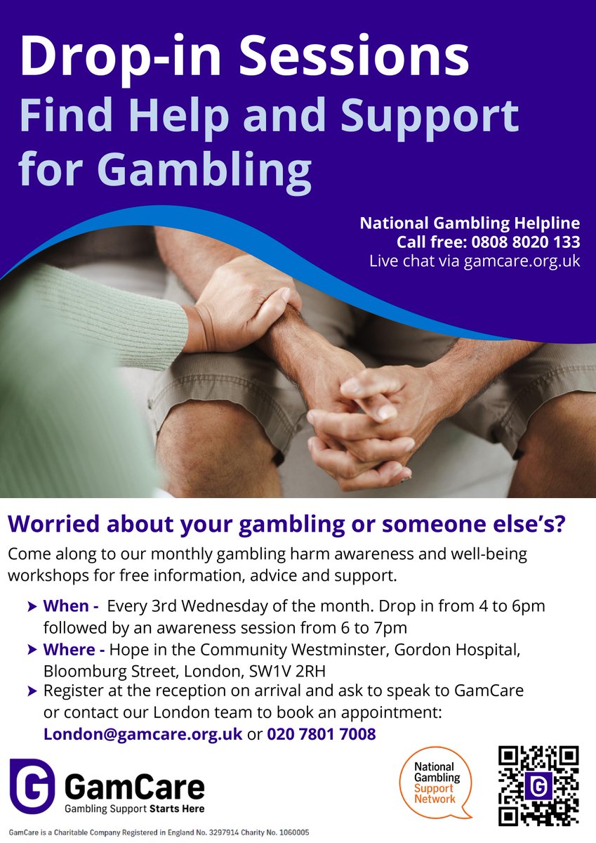 Our partners at @GamCare are hosting drop-in sessions tomorrow afternoon in our Hope in the Community space. See details below!