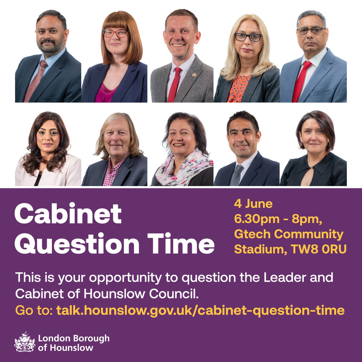 Cabinet Question Time is coming to the Gtech Community Stadium on 4 June - pose your questions to Hounslow Council's Cabinet and have your say. To submit questions online and to register your attendance for the event, please click the link below ⬇️ talk.hounslow.gov.uk/cabinet-questi…