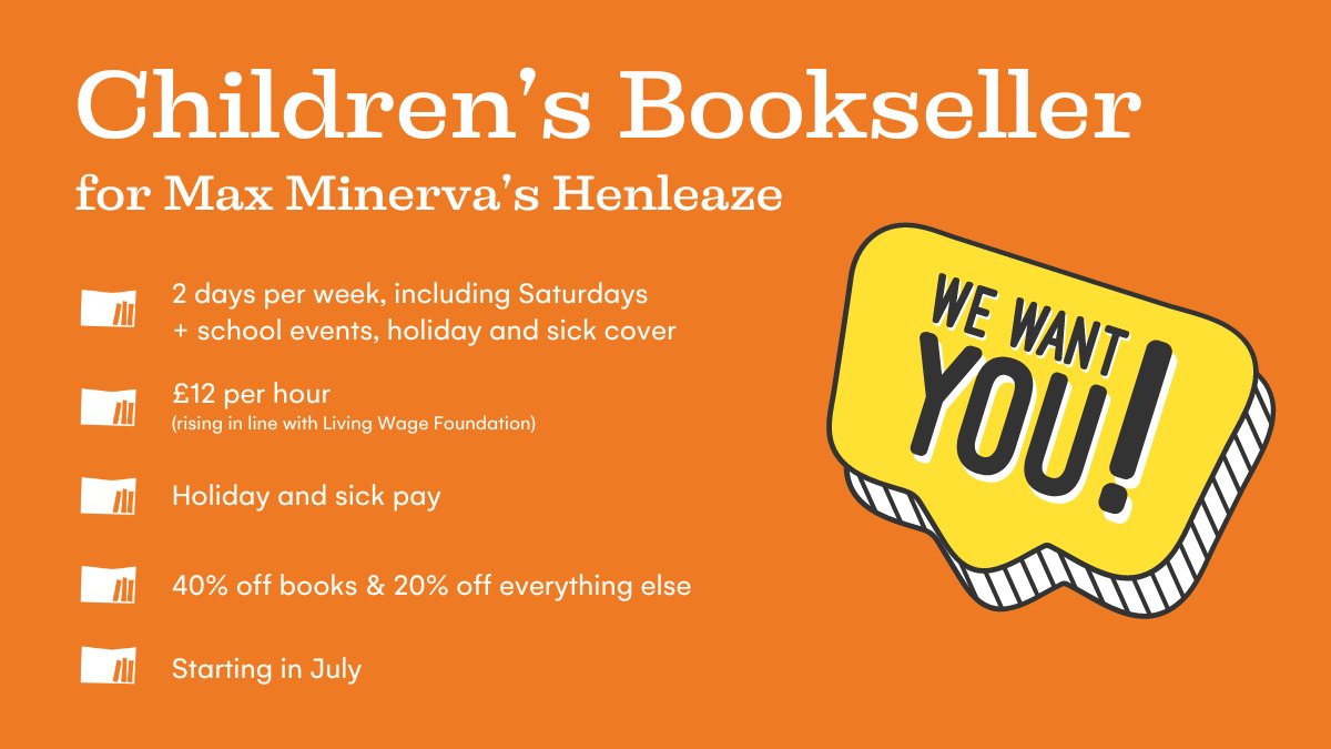 Children's Booksellers - we want you! Come join our team in Henleaze, #Bristol and help customers young and old find their next favourite children's book, plus organise author visits to schools across the city. Part-time, starting in July maxminervas.co.uk/pages/jobs #Jobs #bookseller