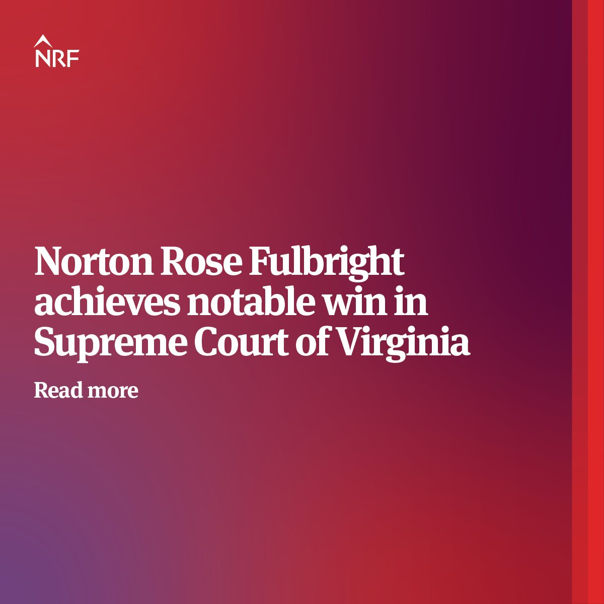 A litigation team led by Tom Coulter won on all counts in the Supreme Court of Virginia. This ruling overturned a trial court decision that had dismissed the firm’s complaint on sovereign immunity grounds and reversed the Virginia Court of Appeals decision.ow.ly/Ti5o50RFGxl