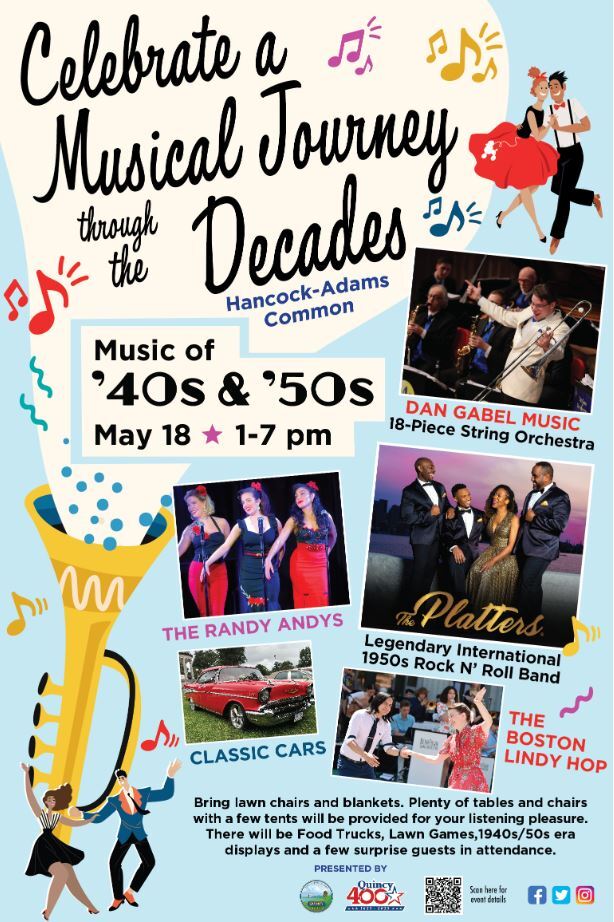 The City of Quincy presents Music of the 40s and 50s! Located at Hancock-Adams Commons May 18th from 1-7 pm. There will be music, food, and festivities!

#Alisterdeco#millcreekres#whattodo#weekendtodo#funstuff