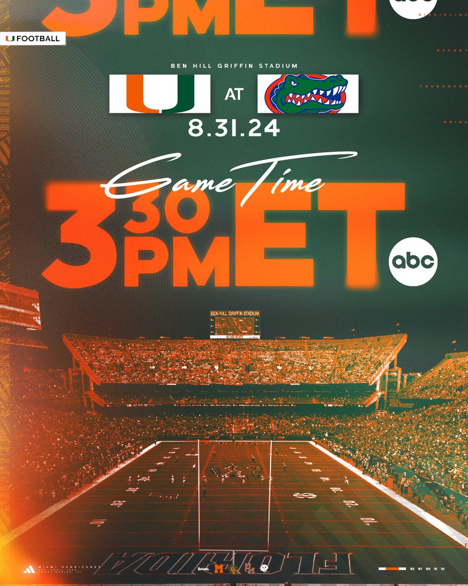 GAME TIME SET 🙌 Our matchup against Florida is scheduled for 3:30 PM ET on ABC. 🔗: canes.news/UMUFTime #GoCanes