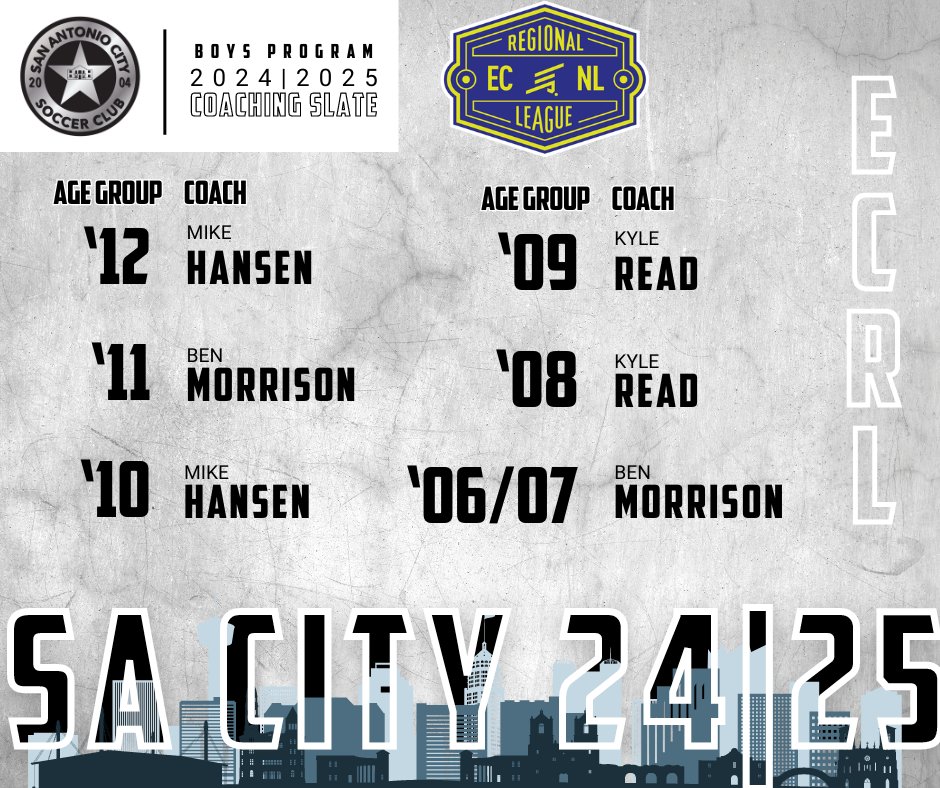 🚨2024/25 Boys ECRL & ECNL Coaching Slate If you have not yet registered for the 2024/25 Boys Player Placement Event- there is still time! May 15th-17th 🗓️ 🔺 Age Groups: U11-U19 📍 SA City Specht Rd Complex Register/details: ⌨️ sacitysc.com/PPE