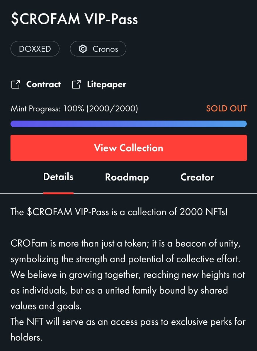 WOW that was fast $CROFAM! 🔥 I know it was FREE but i never would have expected it to Show SOLD OUT within 2min 😱😱😱 For those who havent got one: Secondary Sale is Open! 🔥 @MintedNetwork @VVS_finance @cryptocom @cryptocomnft