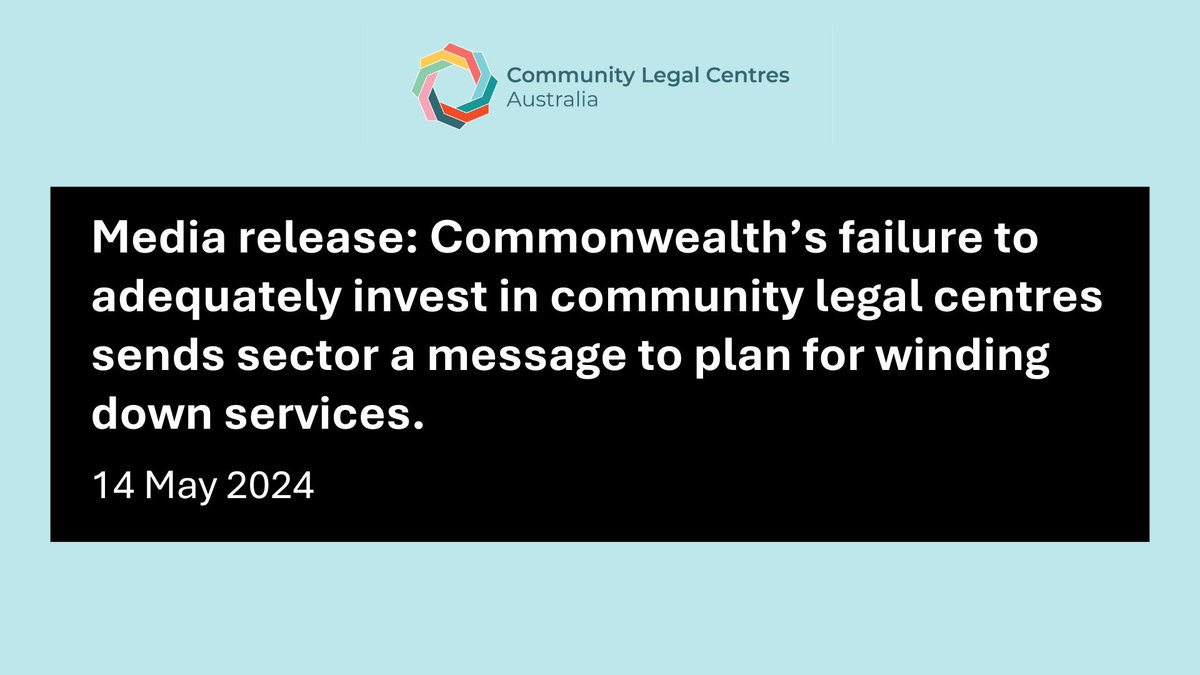 The government's failure to adequately invest in community legal centres this budget sends a message to our sector to plan for winding down services.

Read our full release online here: clcs.org.au/media-release-…

#FundEqualJustice #CommunityLaw #Budget2024