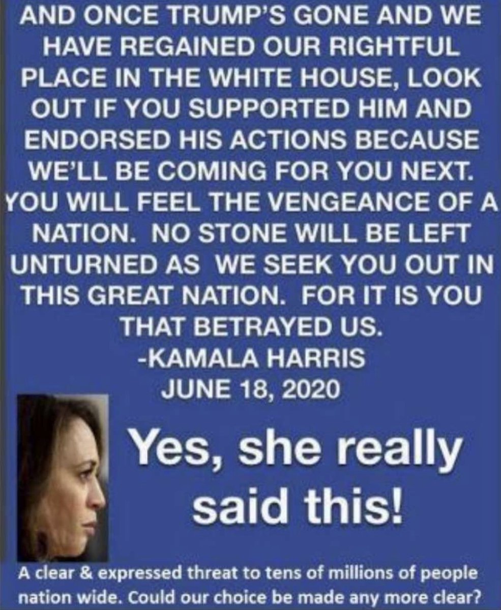 Never forget Kamala Harris’ threats to Mr. Trump supporters throughout the country. 

Do you remember when she said it? 🤔

I do!

Who thinks she should be held accountable for those threatening words? 🙋‍♂️