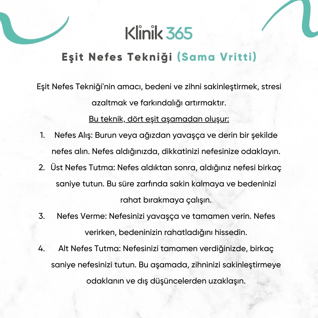 💨Eşit Nefes Tekniği, Sanskritçe’de “Sama Vritti” olarak da bilinir ve yoga ve meditasyon uygulamalarında kullanılan bir nefes çalışması tekniğidir. 💨Eşit Nefes Tekniği’nin amacı, bedeni ve zihni sakinleştirmek, stresi azaltmak ve farkındalığı artırmaktır. #klinik365 #samavritti